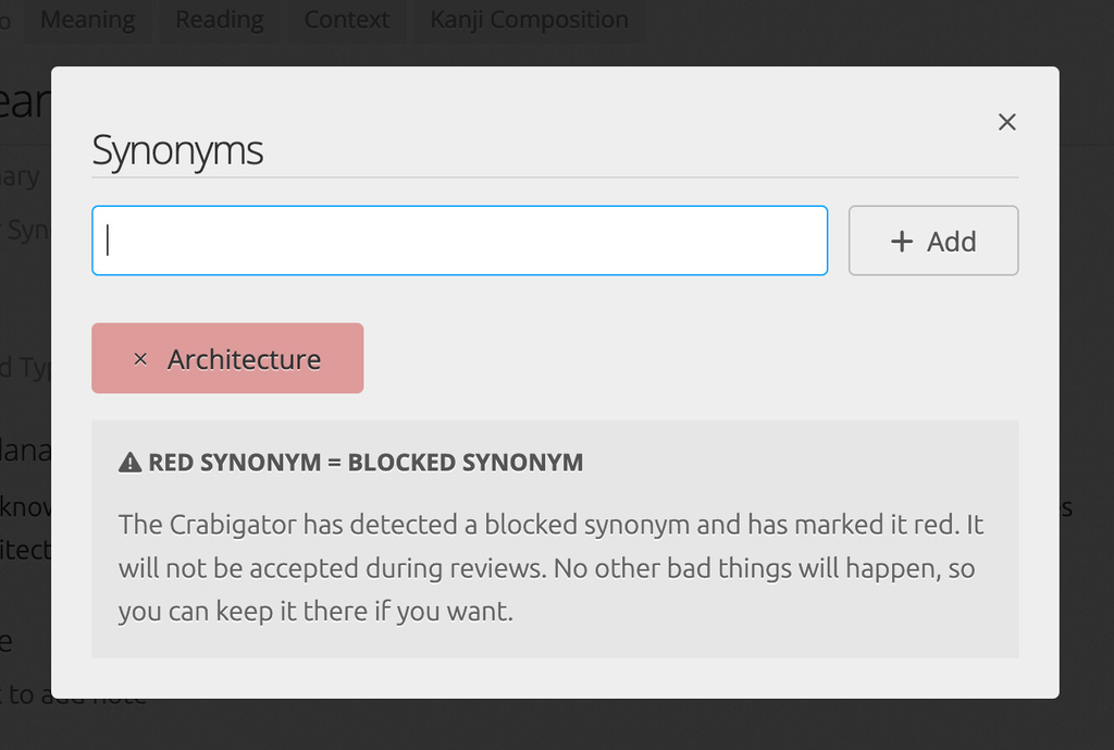 Entering "Architecture" as a synonym shows it in red with a blocked-synonym warning