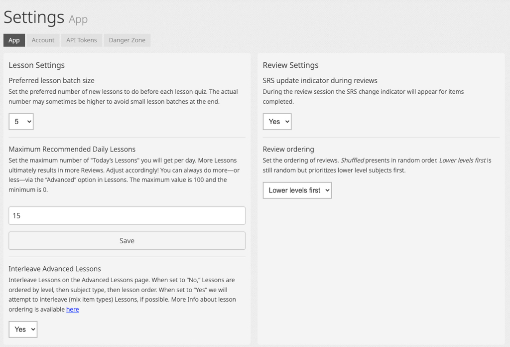 The Interleave Advanced Lessons default setting on the Settings page