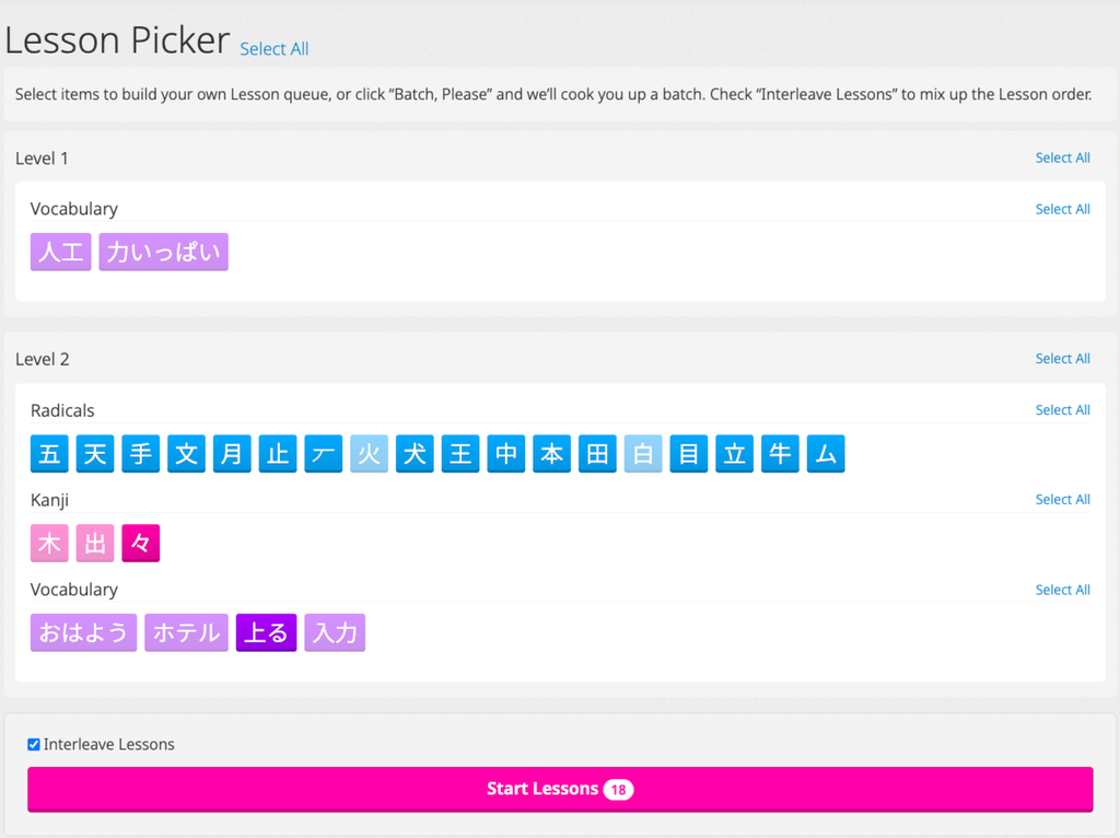 Manually selected items reverting the button to Start Lessons with a count