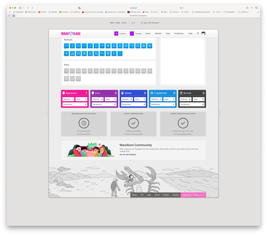 The new SRS section, with the Radicals, Kanji, and Vocabulary breakdown always visible for every stage